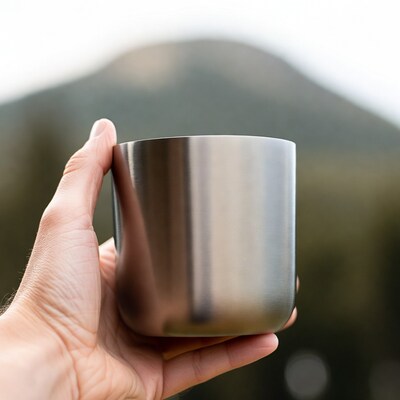 Hand holding metal cup outdoors