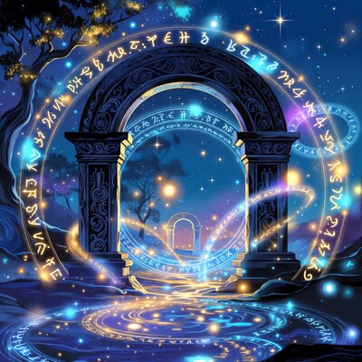 Magical glowing archway at night