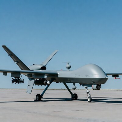 Gray military drone on runway