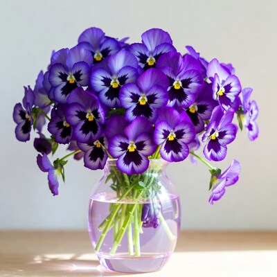 Purple pansies in glass vase