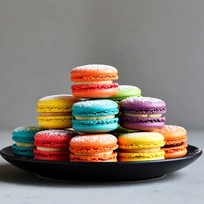 Colorful macarons stacked on black plate