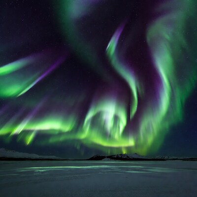 Northern lights over snowy landscape