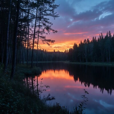 Sunset over calm forest lake