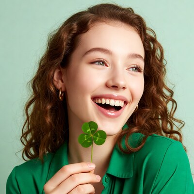 Smiling woman holding four leaf clover