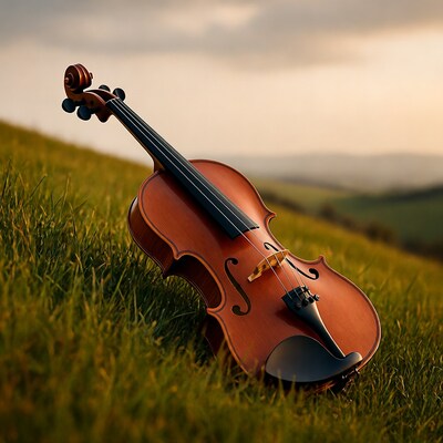 Violin resting on green grass