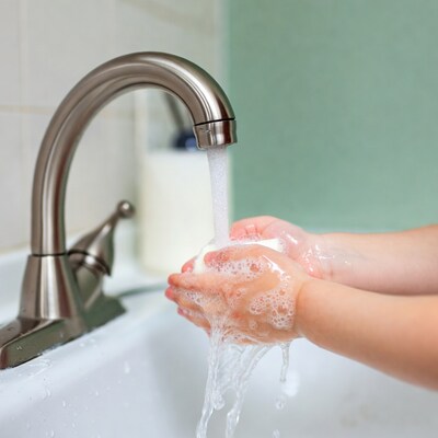 Child washing hands with soap