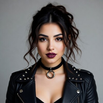 Woman in black leather jacket