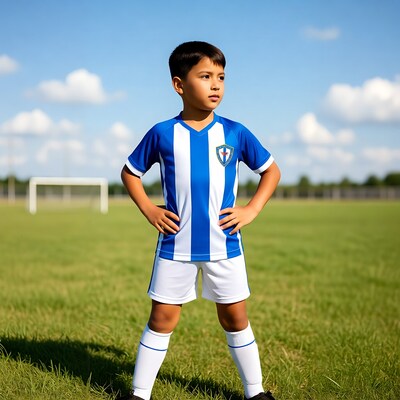 Boy in soccer uniform on field