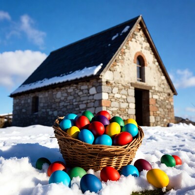 Basket of Easter eggs in snow