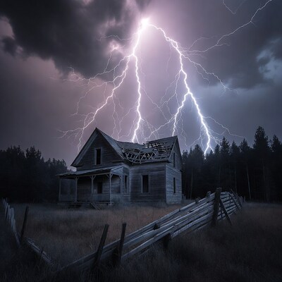 Lightning striking old wooden house