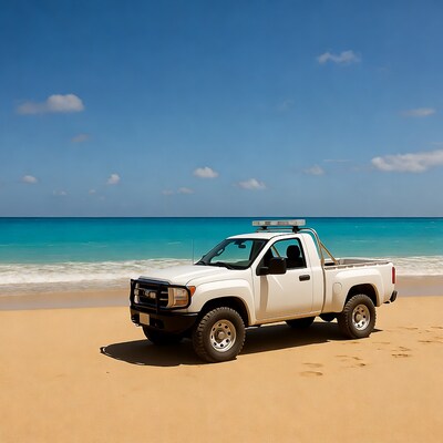 White pickup truck on beach