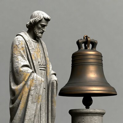 Stone statue beside bronze bell