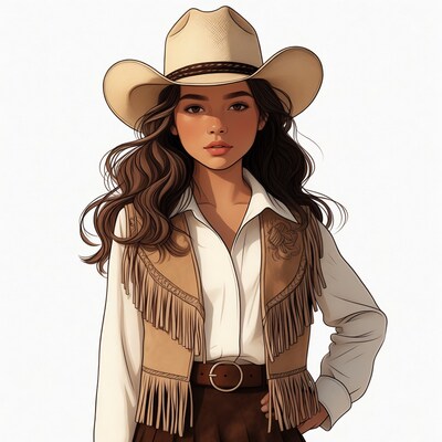 Woman in cowboy hat and fringe vest