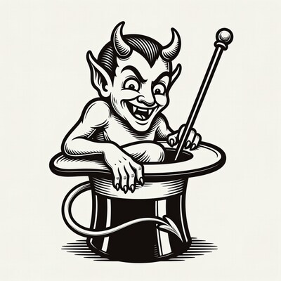 Devil emerging from magic hat