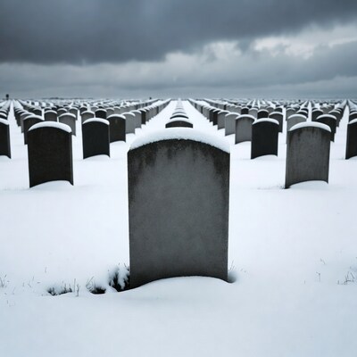 Snowy graveyard with rows of gravestones