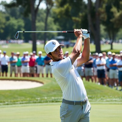 Golfer swinging club on course