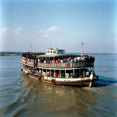 Crowded ferry boat on river