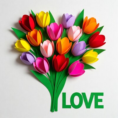 Colorful paper tulips with love sign