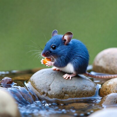 Blue mouse eating orange on rock