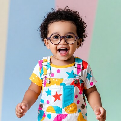 Happy baby wearing colorful overalls