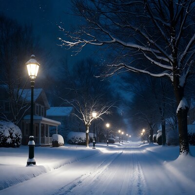 Snowy street with glowing lamps