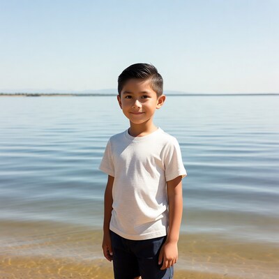 Young boy standing by water