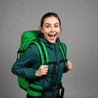 Excited woman with green backpack