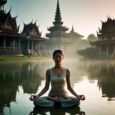 Woman meditating by temple lake