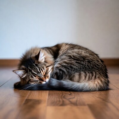 Cat sleeping on wooden floor