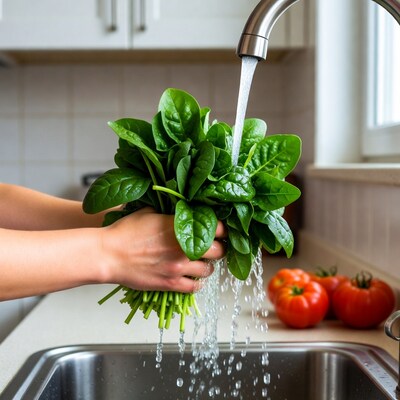 Hands washing spinach under faucet