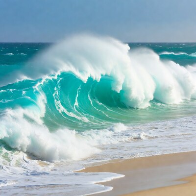 Large turquoise ocean wave crashing on beach