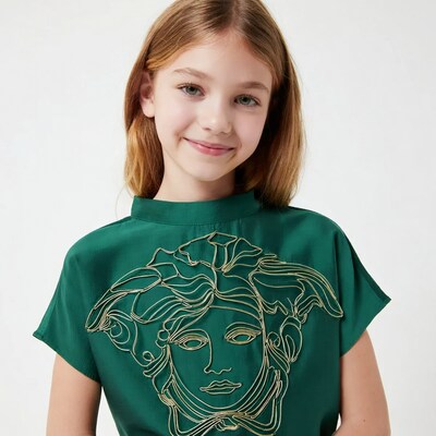 Girl in green Versace shirt