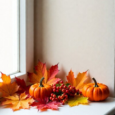 Autumn pumpkins with fall leaves