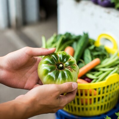 Hands holding green tomato