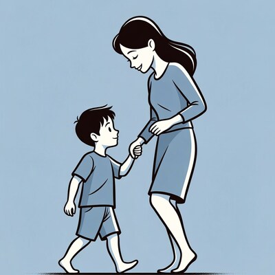 Mother and son holding hands