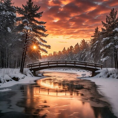 Snowy bridge over river at sunset