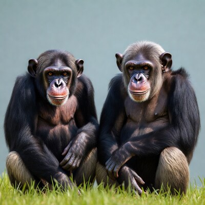 Two chimpanzees sitting on grass