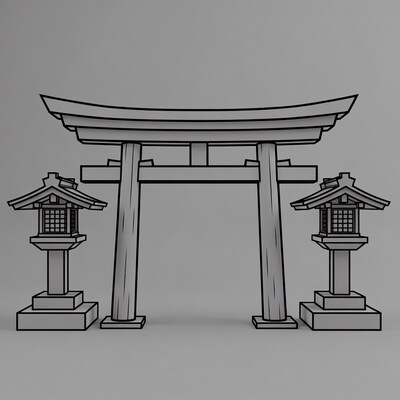 Japanese Torii Gate with Lanterns