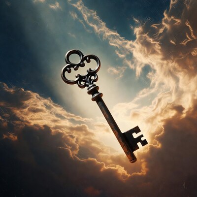 Ornate key floating in clouds