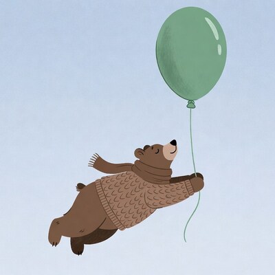 Bear floating with green balloon