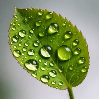 Green leaf with water droplets