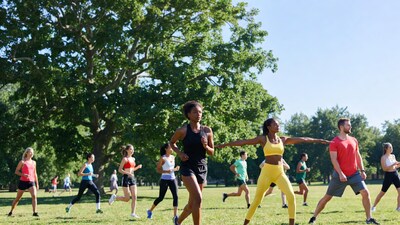 Group exercising in sunny park