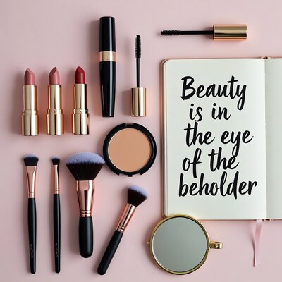 Makeup products and open notebook