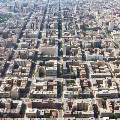 Aerial view of city buildings