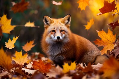Red fox in autumn leaves