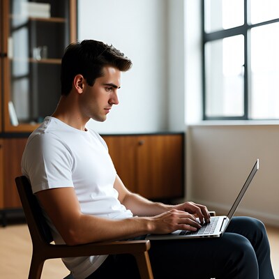 Man using laptop in chair