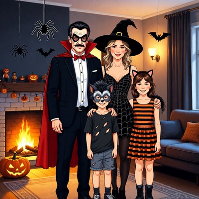 Family in Halloween costumes