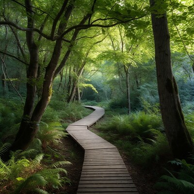 Wooden boardwalk in lush forest