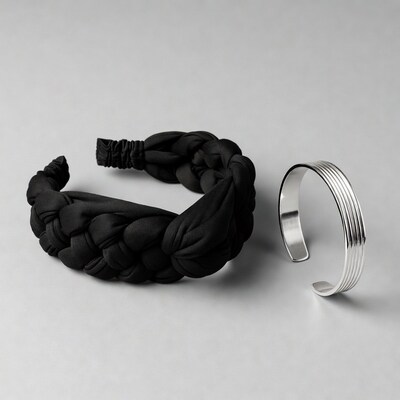 Black braided headband and silver cuff