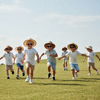 Boys running on grass field